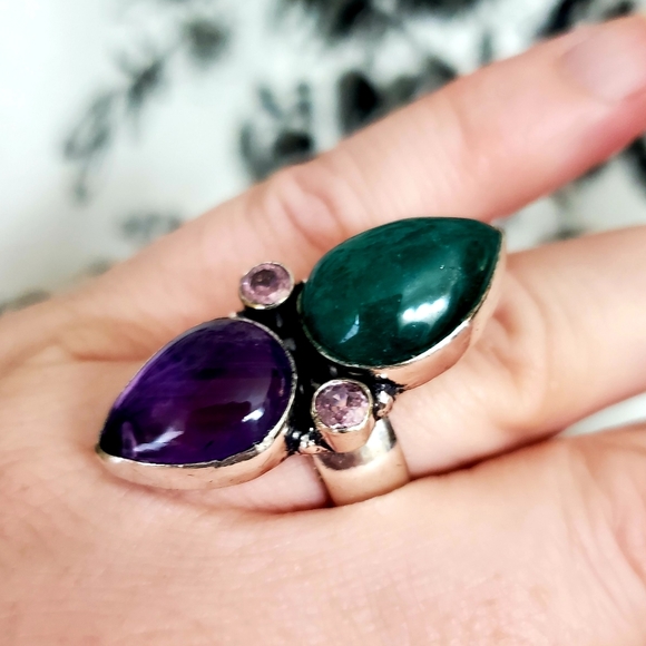 New Amethyst, Emerald & Pink Topaz 925 Silver Statement Ring. - Picture 7 of 7
